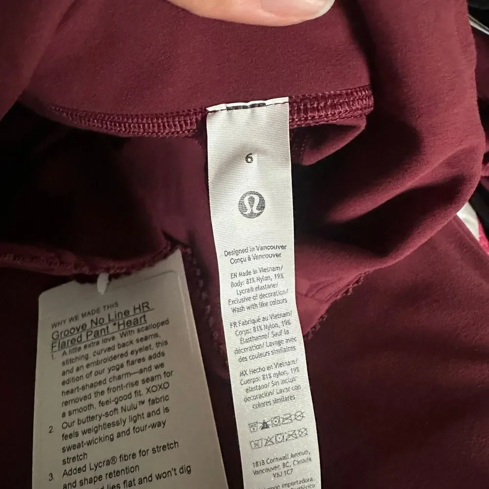 NWT 6 LULULEMON Groove No Line HR Flare Pant Burgundy Bay Heart Cutout 32.5”